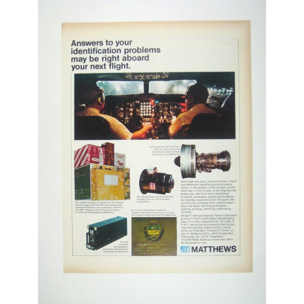 Vintage 1970 Matthews Aircraft Parts and Products Airlines Ad Print